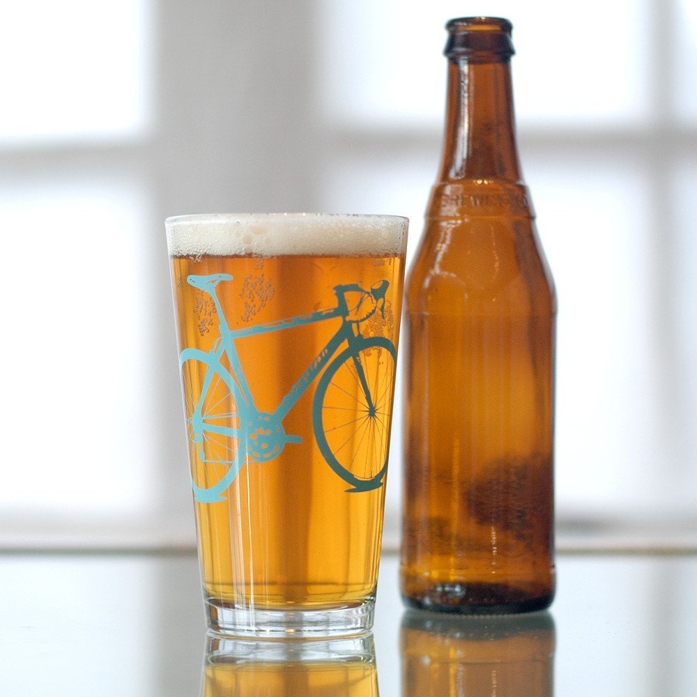 4 bike pint glasses, turquoise bicycle