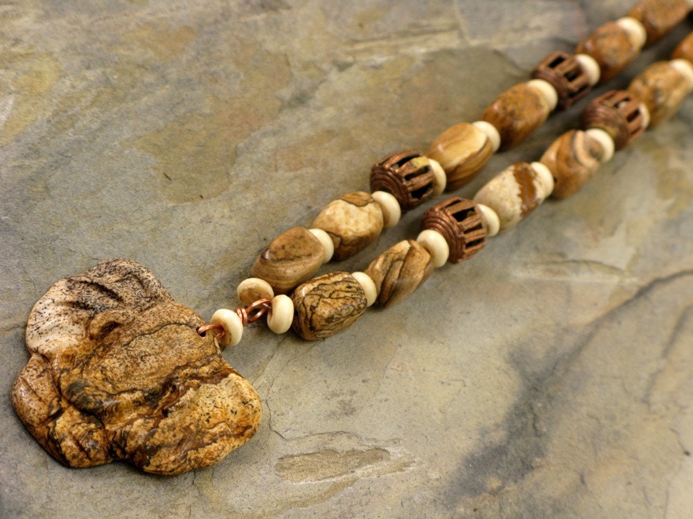 African Elephant Necklace, Jasper, Trade Beads and Bone