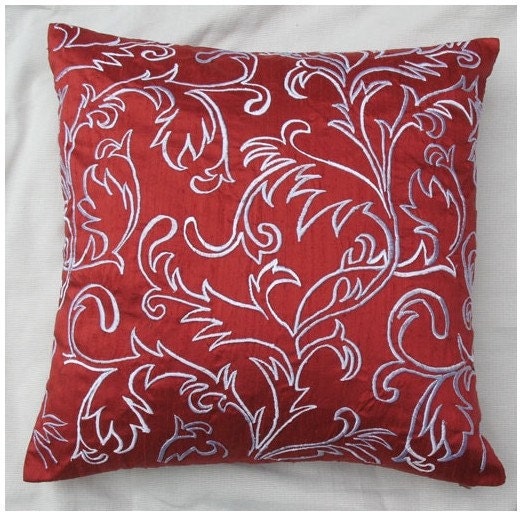 Rust Red Silk throw pillow with Moroccan style embroidery in white 16 inch decorative cushion cover