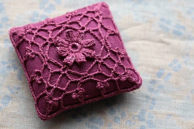 Linen  pincushion - crochet motif