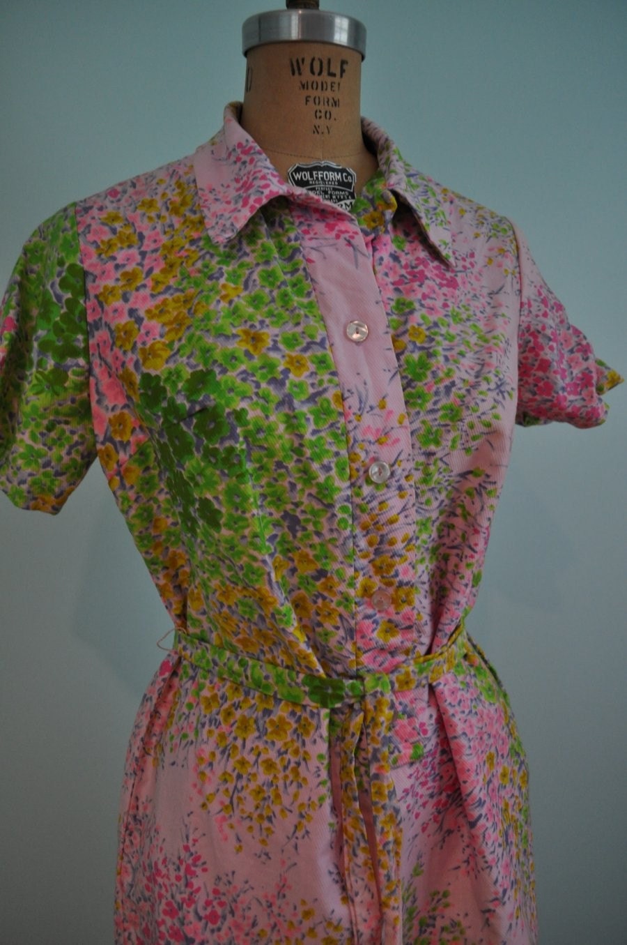 vintage tunic top pink floral belted L/XL