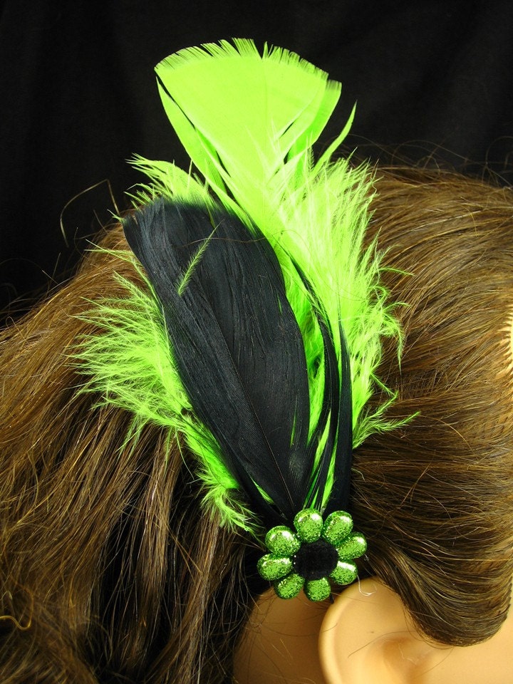 Lime Green and Black Feather Hair Clip