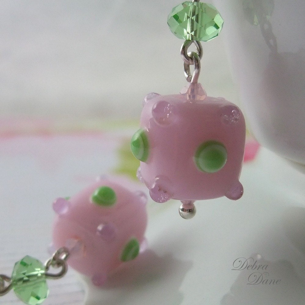 Pink Earrings Green Pink and Green Lampwork Cube Earrings Sterling Silver Sputniks