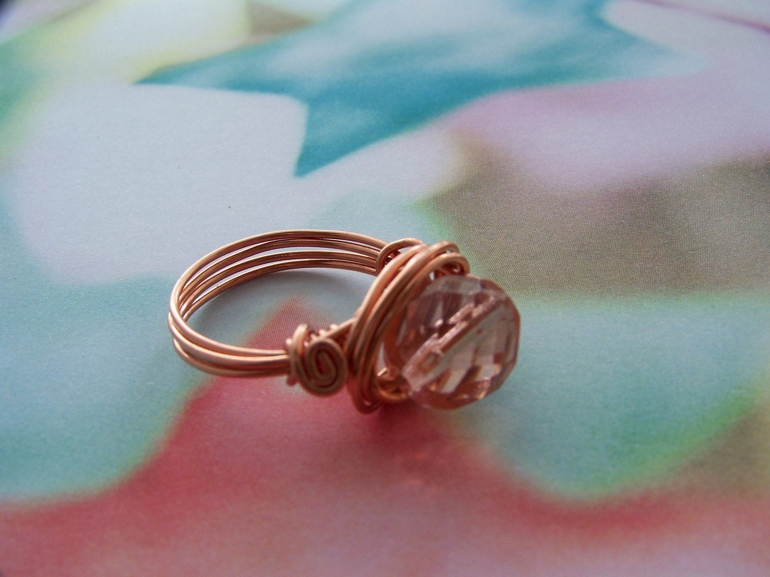 Copper wire wrapped ring with pink Czech glass bead size 7.25 FREE SHIPPING