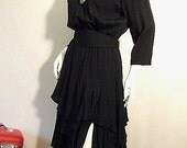 Ruffled Raven Black Dress Vintage 80's Rayon Crepe Tiered Split Skirt Handkerchief Hem Strong Shoulders Noir Gothic LBD S M