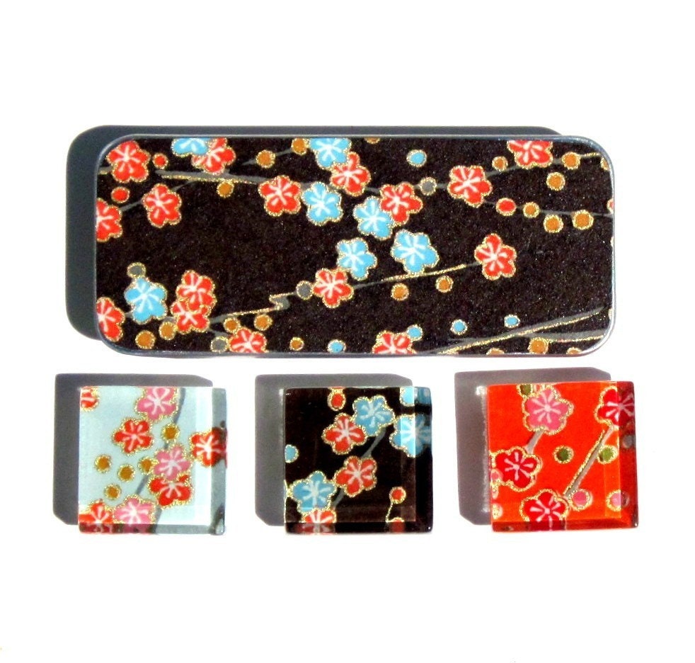 Cherry Blossoms - Glass Tile Magnets in a Slide Top Tin Box  with Japanese Chiyogami