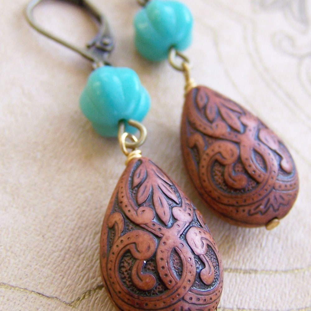 Cacao Drops Earrings. Turquoise Glass and Brown Carved Bead.