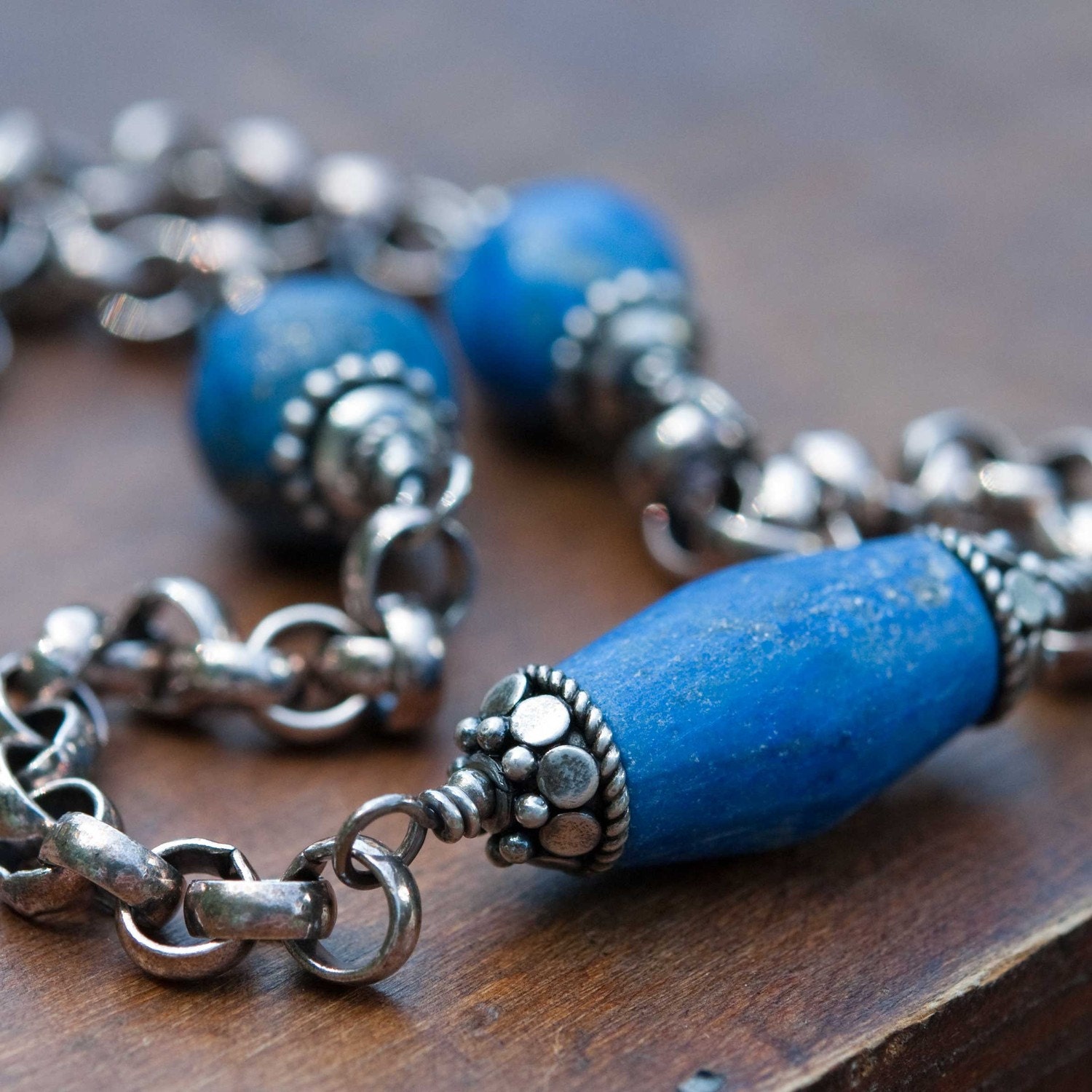 Natural Blue Lapis Lazuli Necklace, Oxidized Sterling Silver Chain, Morocco