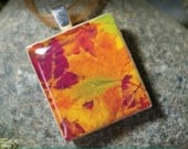 Maine Inspired - Fall Leaves.....a Scrabble tile pendant in a little tin box (Pendant, Ribbon Necklace in Tin Set) -060-