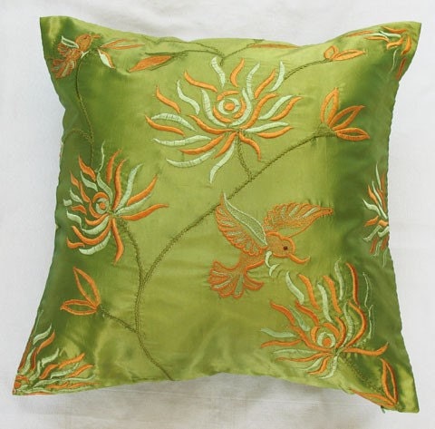 Lime green throw pillow cover with humming bird and chrysanthemum decorative 18 inch