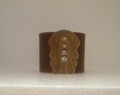 Toffee  Leather with Vintage Art Deco Brass Clip with Rhinestones Cuff Bracelet
