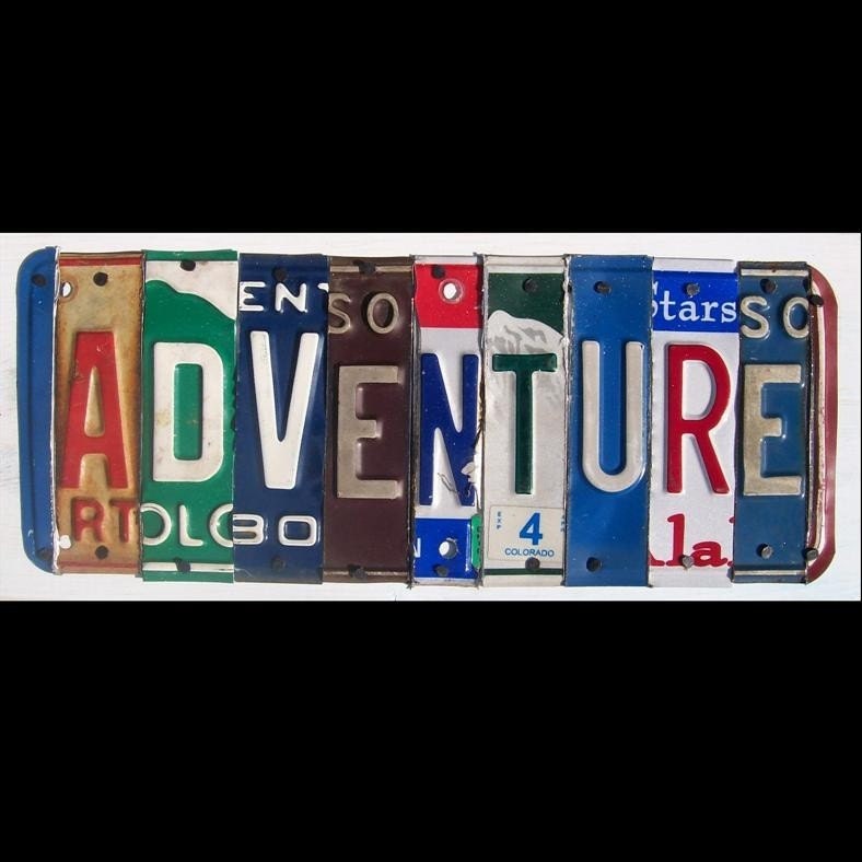 Funky ADVENTURE Word Block - Custom Words Available - Recycled Vintage License Plate Sign Art - Salvaged Wood - Upcycled Artwork