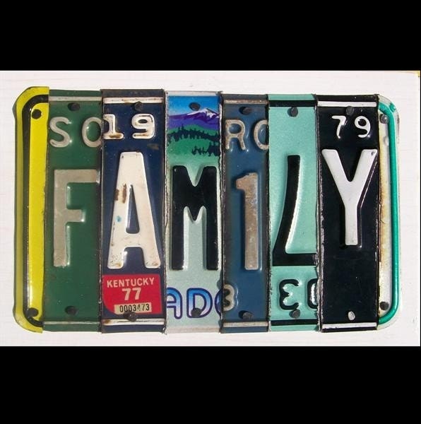 License Plate Art - Funky FAMILY Word Block - Custom Words Available - Recycled Vintage Art - Salvaged Wood - Upcycled Artwork