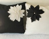 3D flower white linen cushion cover with black flower 16 inch decorative pillow