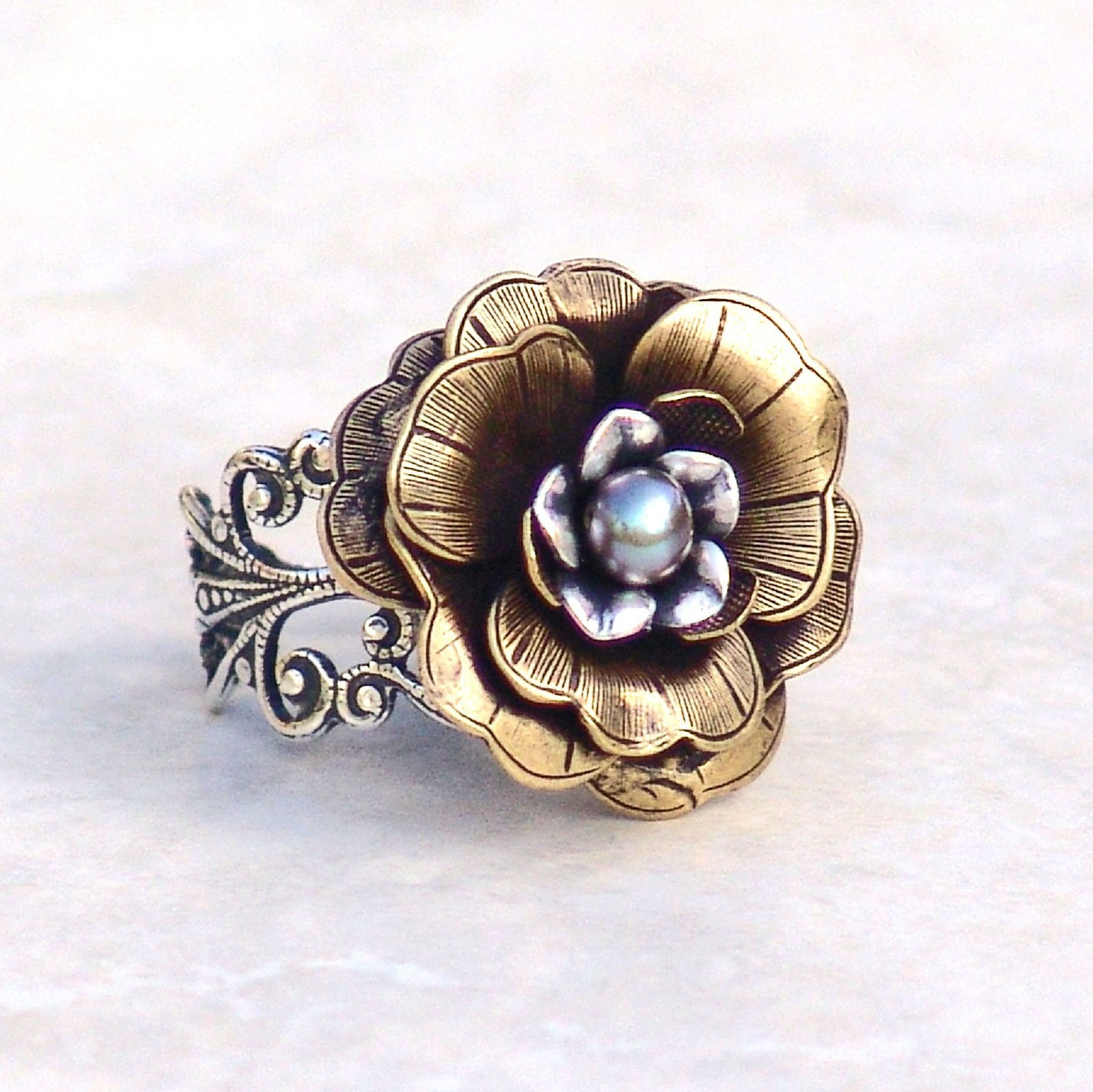 Cocktail Ring Winter Fairy Rose -Flower Mixed Metal Silver Brass Adjustable Filigree Vintage Style