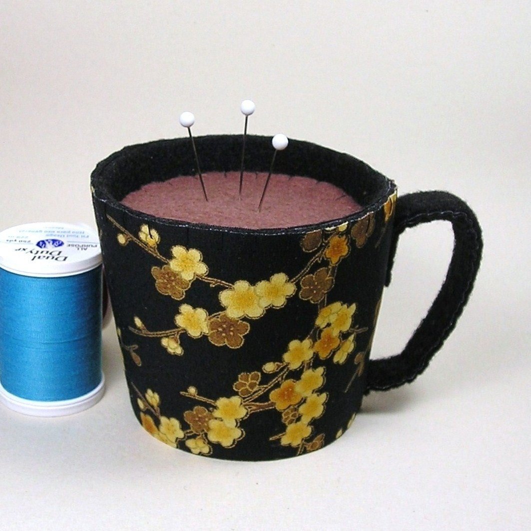 Emery Pincushion / Pin Cushion - Felt Cup of Coffee, Tea, or Latte - Your Choice - Golden Yellow Cherry Blossoms
