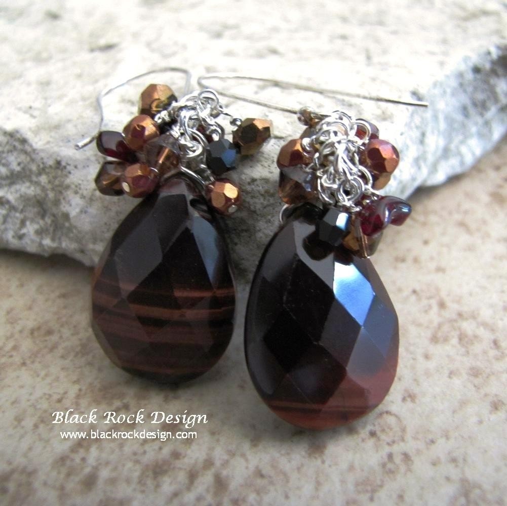 Red Tiger Eye and Crystal Sterling Silver Earrings "Dark Lion"