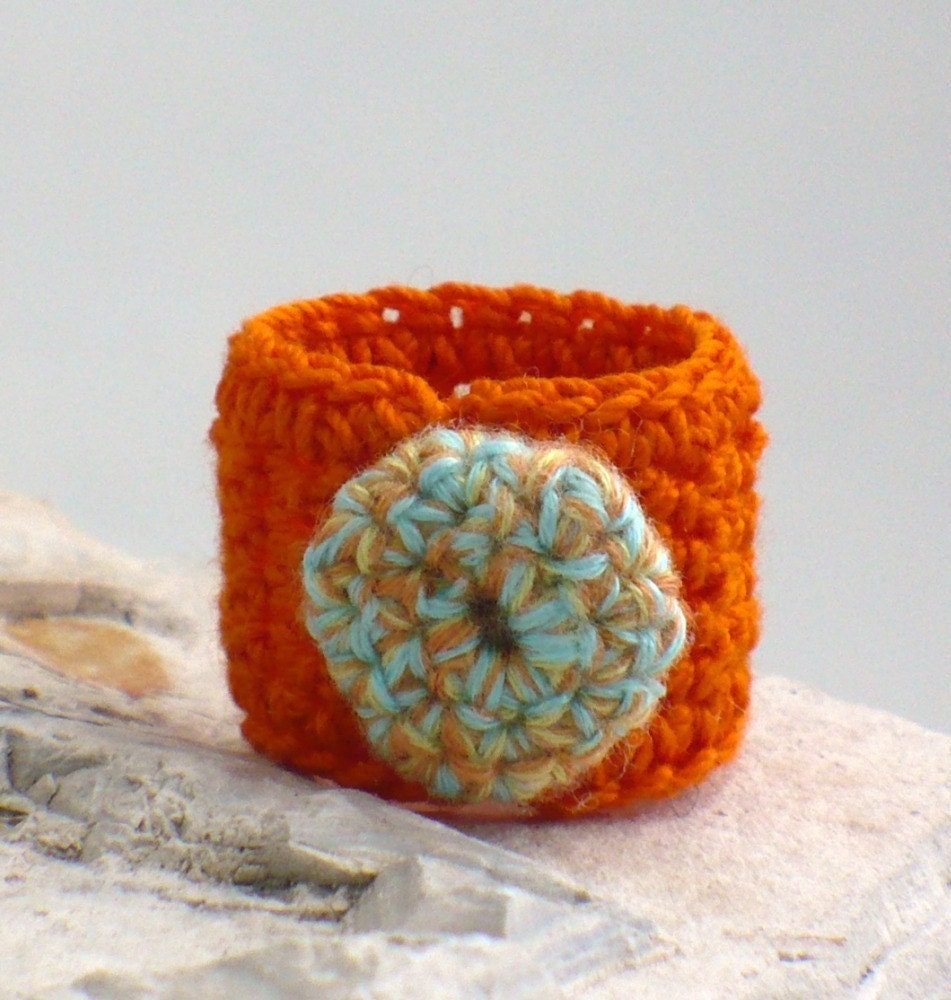 Crochet Ring Orange Turquoise Crochet Button on An Orange Band