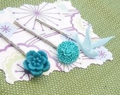 Sparrows and Blooms in Sky and Ice Blue