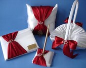 Custom Wedding Guest Book, Pen, Ring Bearer Pillow, Flower Girl Basket with Linked Hearts and Personalized Engraving