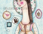 Folk girl acorn art print, "The Acorn Keeper"