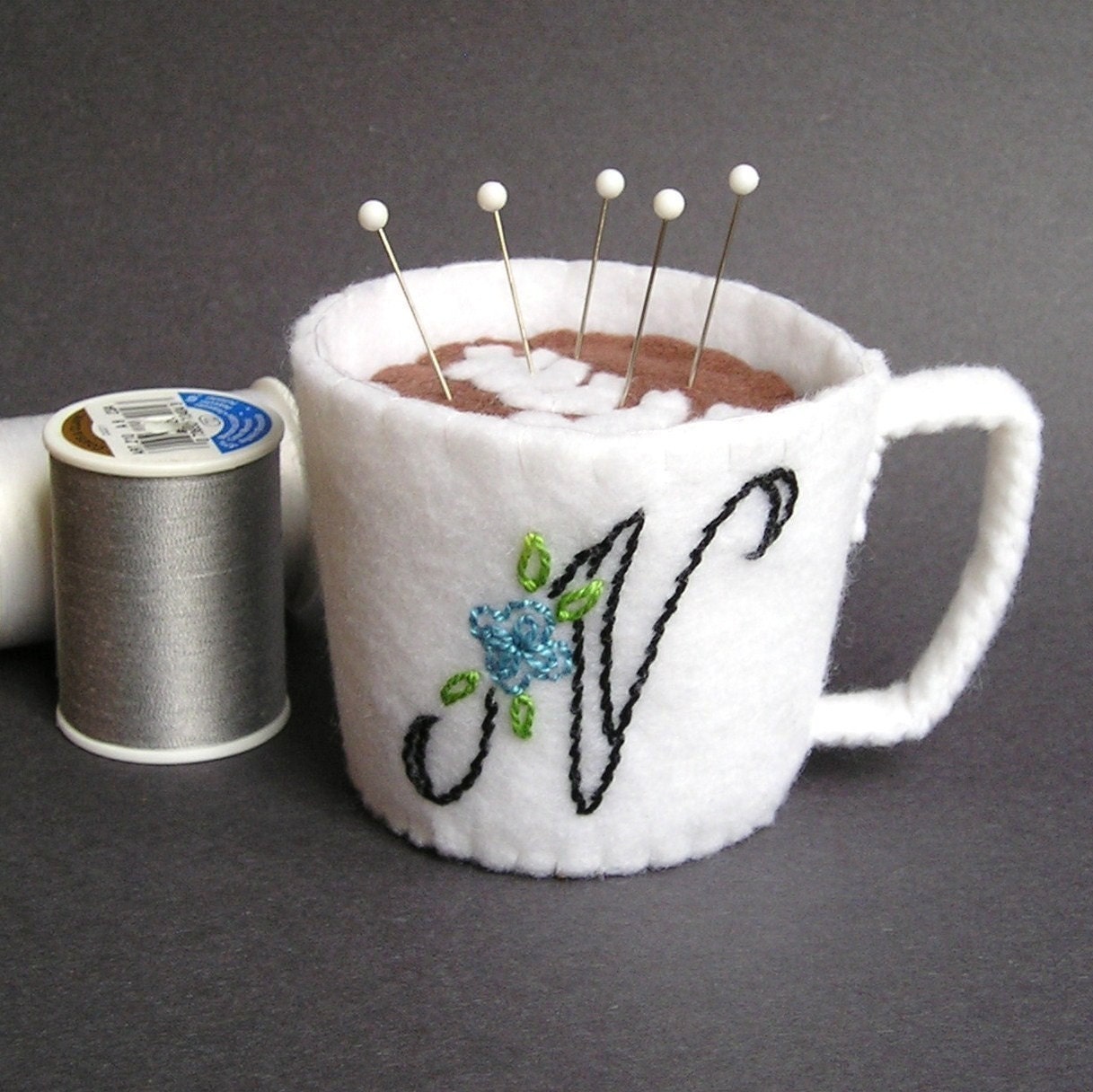 Emery Pincushion / Pin Cushion -  Felt Cup of Cafe Latte / Coffee -  Personalized Monogram
