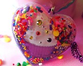 Classic Vanilla Cupcake with Rainbow Swarovski Sprinkles on Top- Cupcake Sprinkles and Glitter Resin Heart Pendant Necklace - Kawaii Kitsch