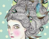 Bird girl art print, "The Darling Nest"