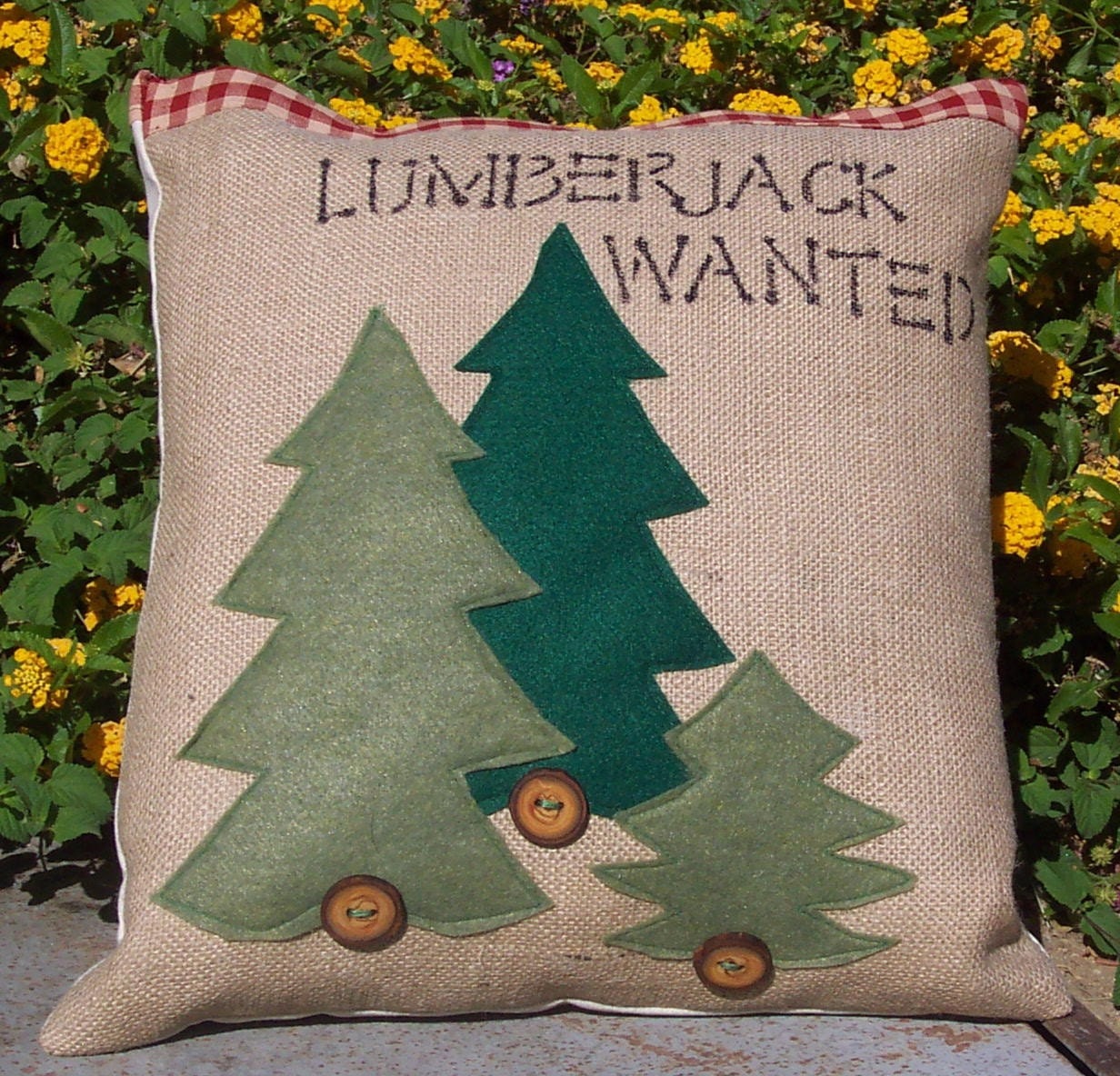 Decorative Throw Pillow with Lumberjack and Evergreen Art Tree Applique in Eco Frinedly Felt Green Woodsy Folk Art Wood and Red Accents