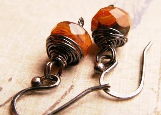 Silver Pumpkin Earrings, Orange and Black - Oxidized Sterling Silver Dangle Earrings with Czech Glass... Halloween Jewelry in Fall Fashion