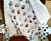 Minky baby or toddler blanket, adorable blue and brown owl owls gift set