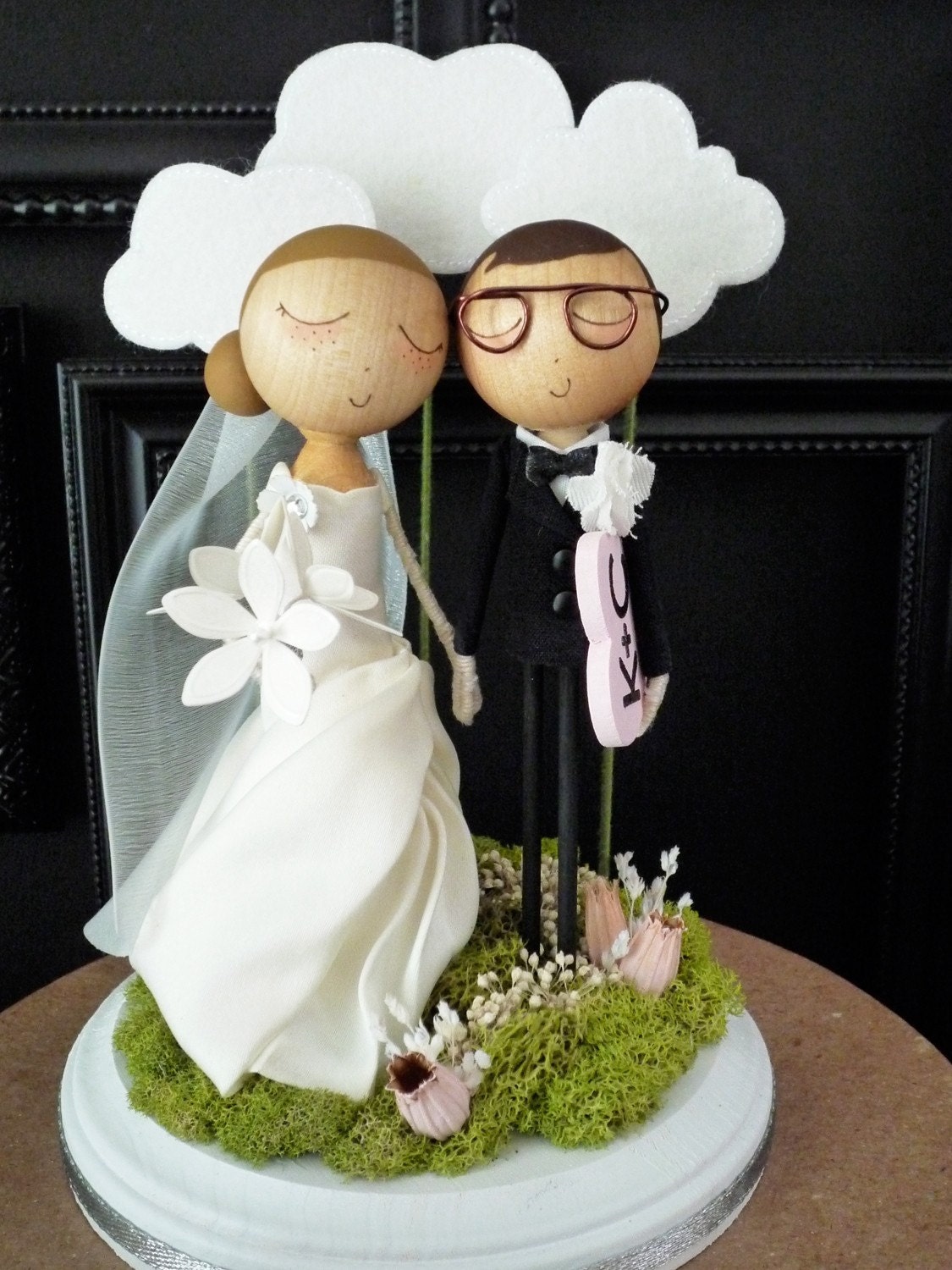 Custom Wedding Cake Topper with Custom Wedding Dress and Cloud Background - MilkTea
