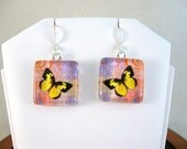 Yellow Butterfly Handmade Glass Tile Earrings