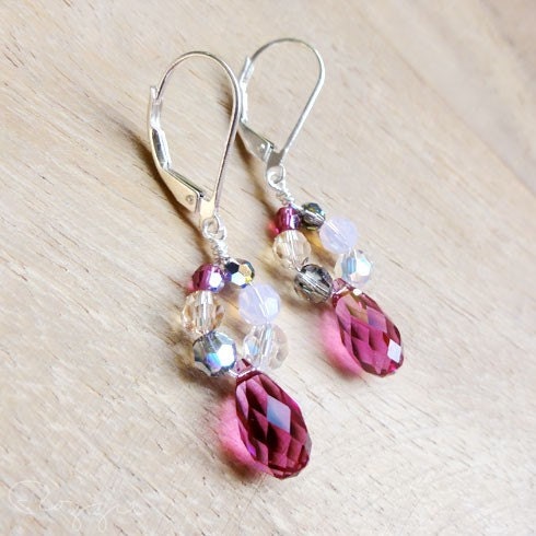 Fuscia Earrings, Briolette Swarovski crystal, Sterling Silver, Leverback earrings