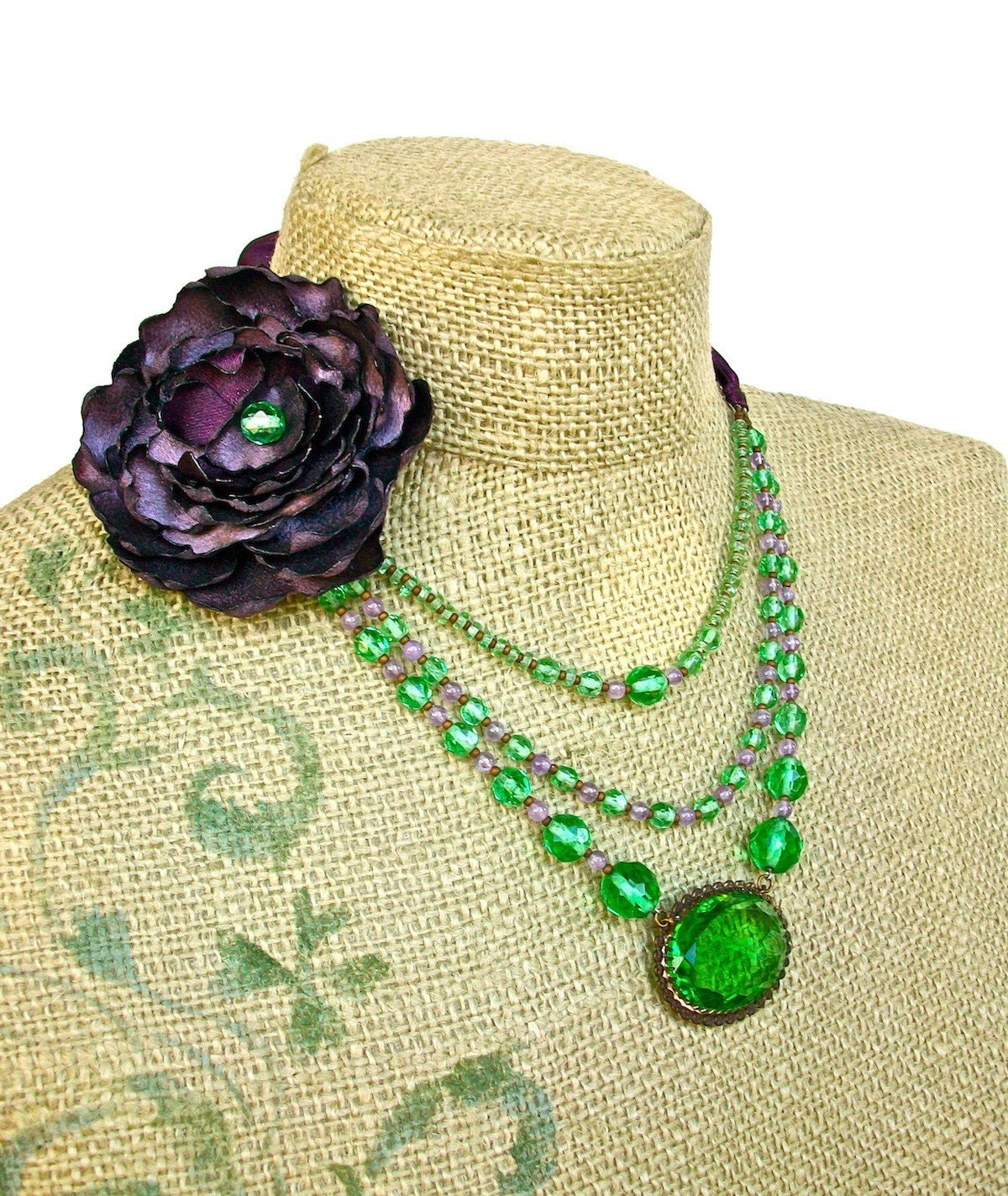 Clover Blossom- Antique Czech glass bead and pendant necklace, restrung into a tie necklace with Amethyst beads and added flower