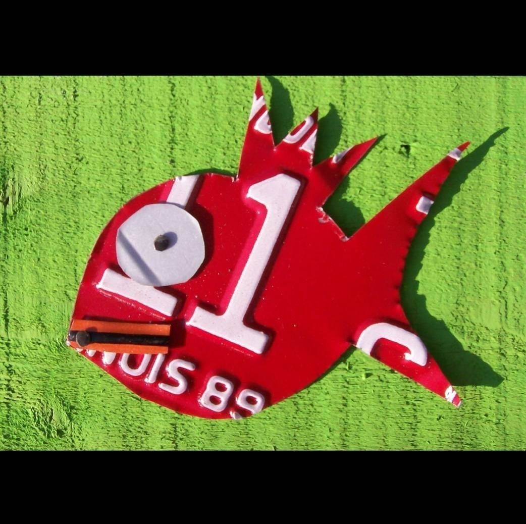 License Plate Art - Red Funky Beach Fish - Recycled Art Company - Salvaged Wood - Upcycled Artwork
