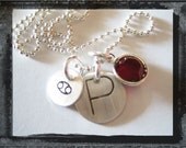 Hand Stamped Sterling Silver Charm INITIAL Necklace Choose ZODIAC Stamp and BIRTHSTONE