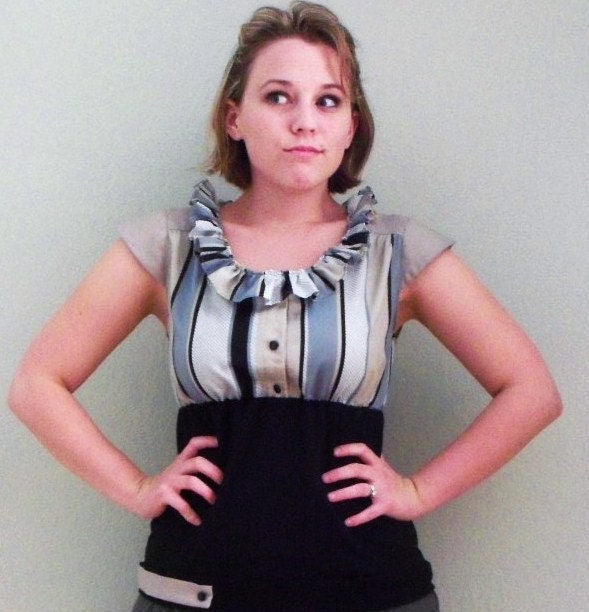 Striped shirt ruffle neck button top blouse