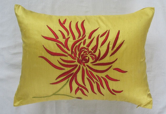 Yellow Chrysanthemum oblong pillow with red embroidery 12X16 inch decorative cushion cover