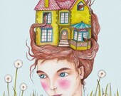 Victorian house girl art print - "Our House"
