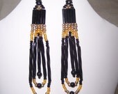 Native American beaded earrings black gold and amber