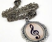 Treble Clef Necklace in Victorian Style Antique Silver Frame