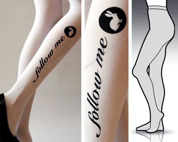 Large/ Extra Large sexy FOLLOW ME RABBIT version tights / stockings / full length / pantyhose / nylons White