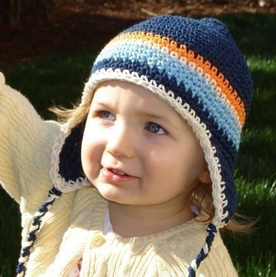 2 to 4T Earflap Beanie - navy, orange, ecru, light blue