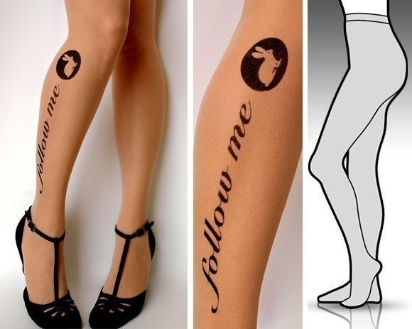 Small/ Medium FOLLOW ME White RABBIT Version tights / stockings full length pantyhose Light Mocha