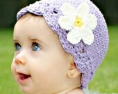 6 to 12 Months Daisy Flapper Beanie - violet, yellow, vanilla