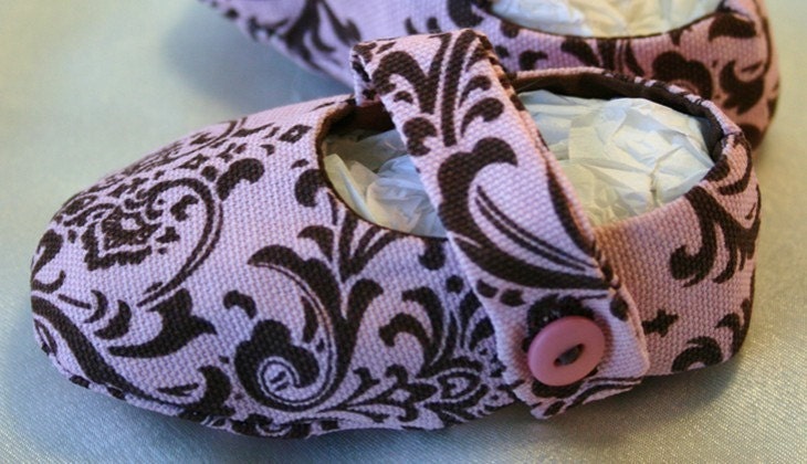Pink and Brown Damask Baby Mary Janes