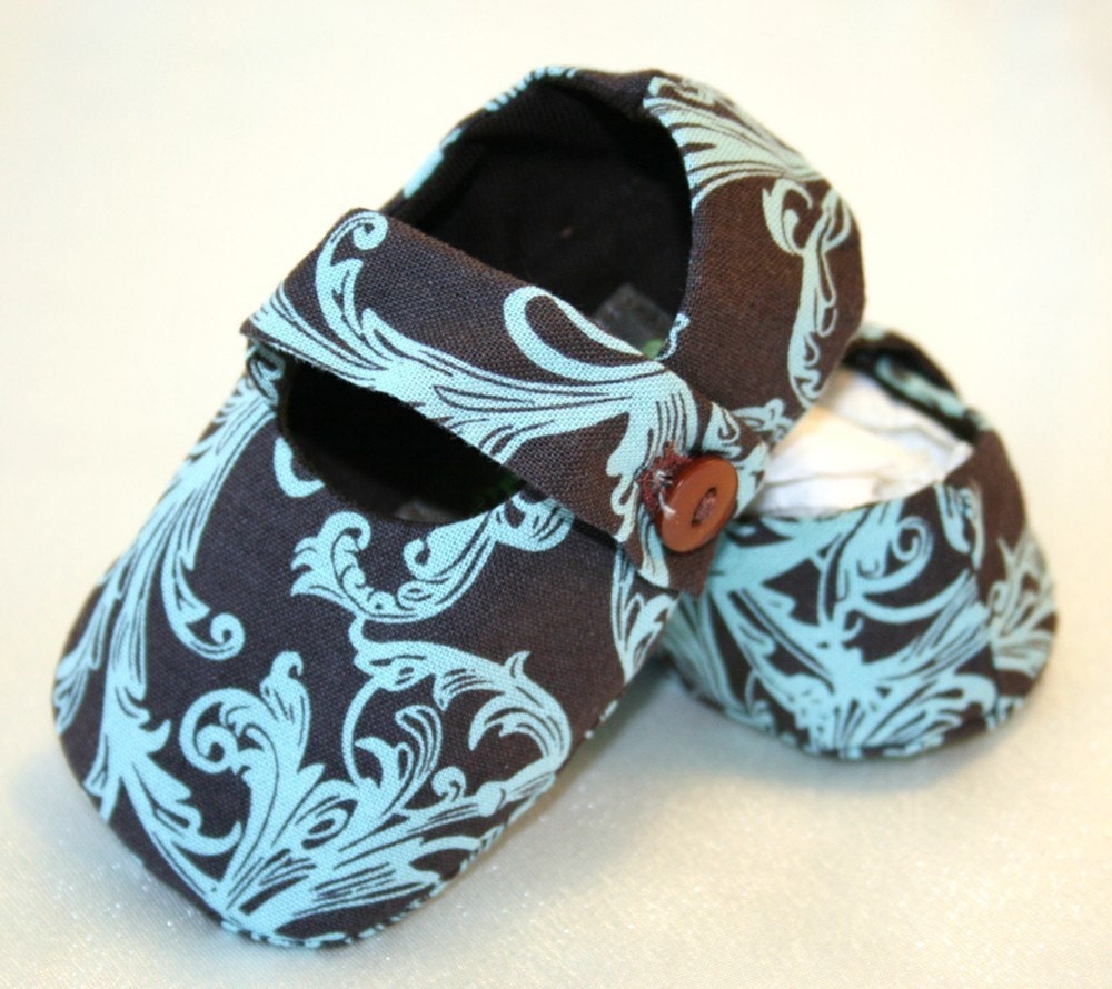 Blue and Espresso Brown Fleur De Lis Baby Mary Janes