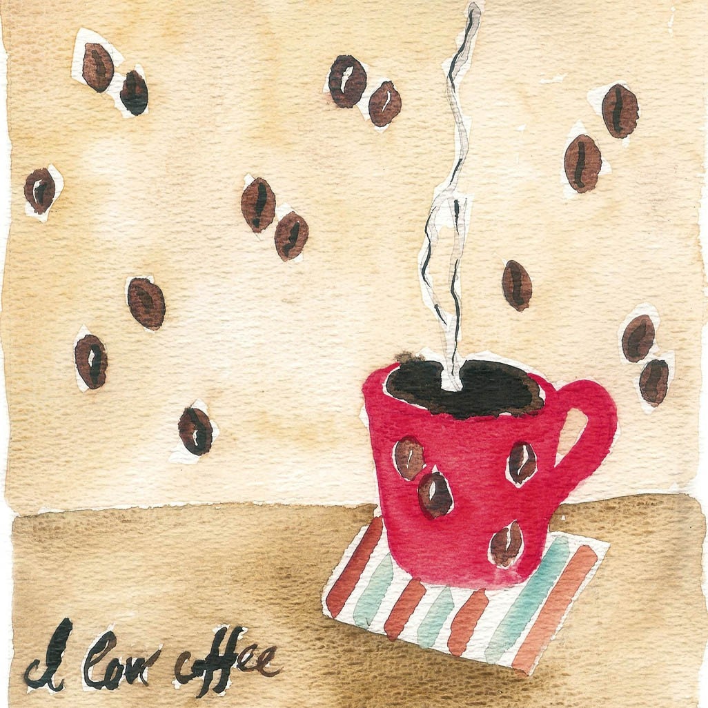 Coffee Break Original Watercolor painting of a coffee cup and coffee beans wall paper