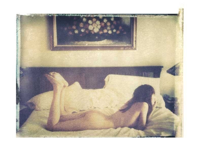nude on bed-11x14  polaroid transfer matted in 16x20 -signed by artist
